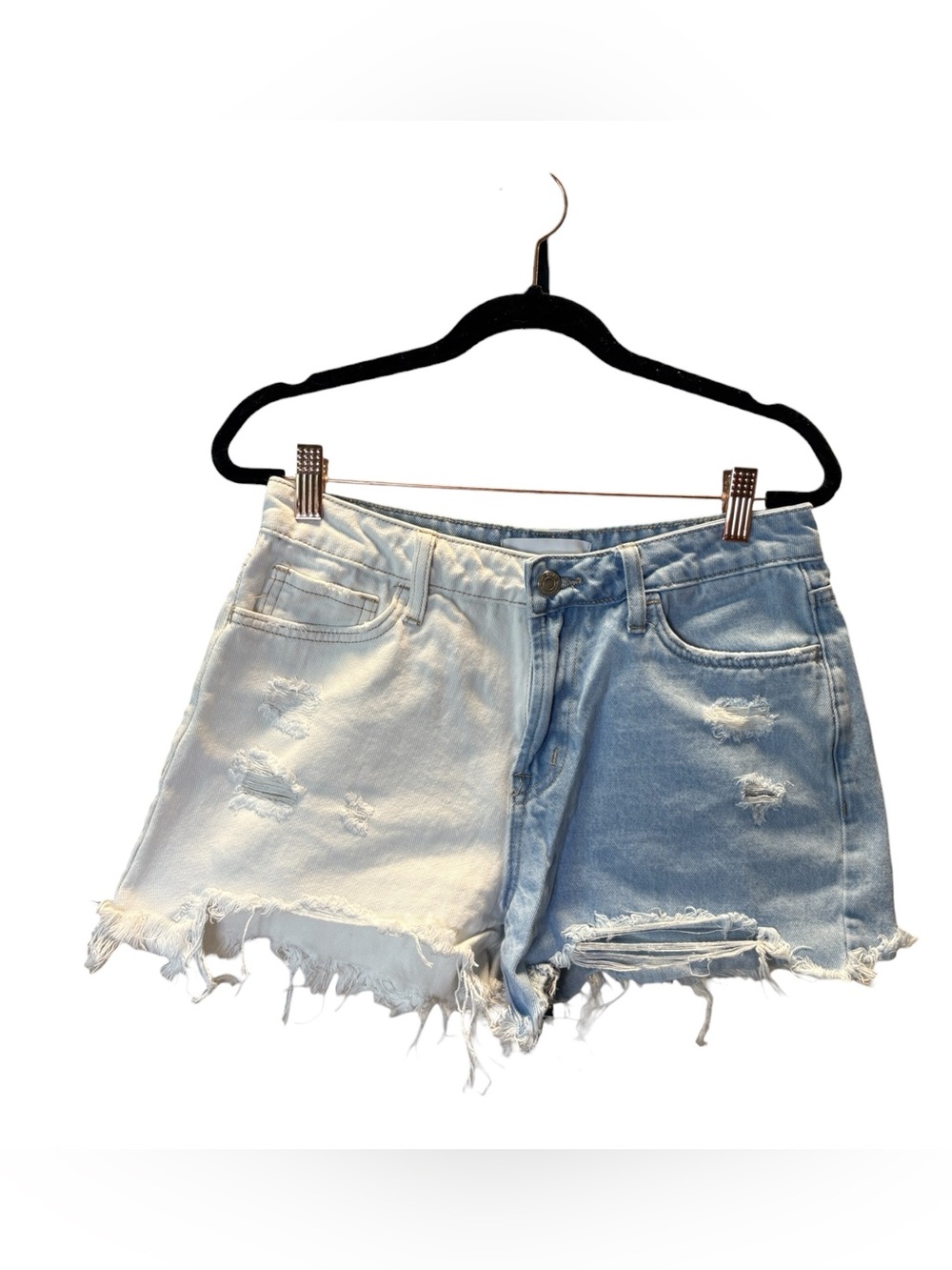 Vervet Two-Tone Distressed Jean Shorts - Light Blue & White